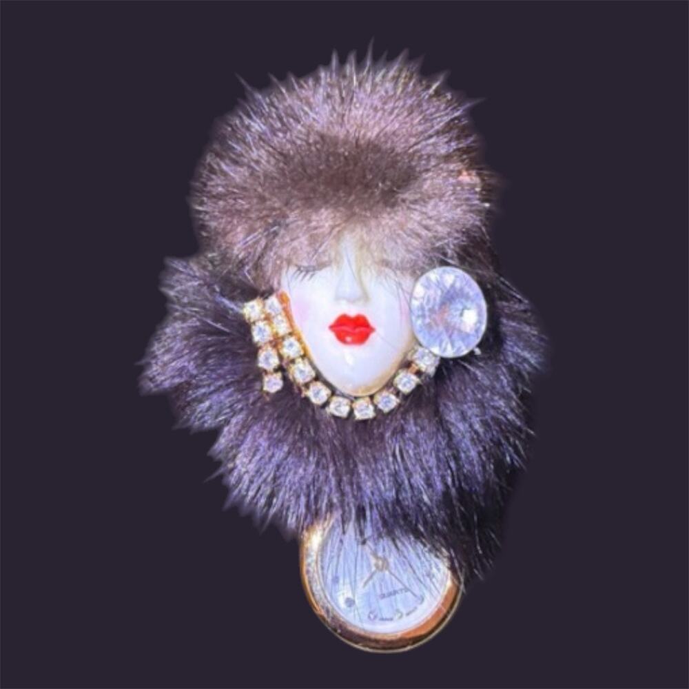 Vintage Bonetto rhinestone and fur lady  brooch with clock